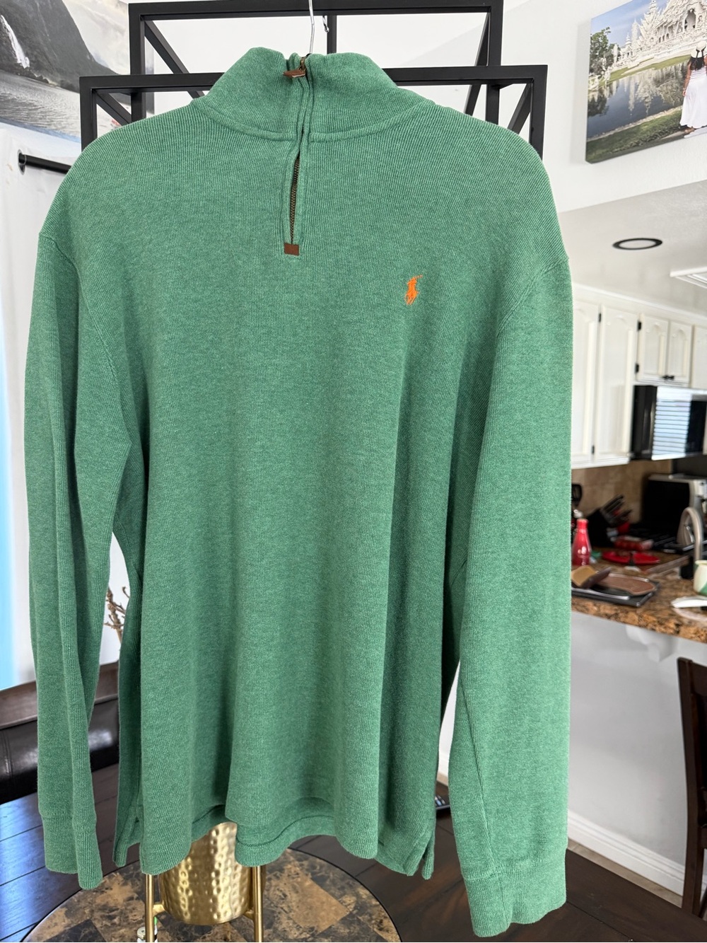 Ralph Lauren Green Quarter-Zip V-Neck Sweater with Orange Pony
